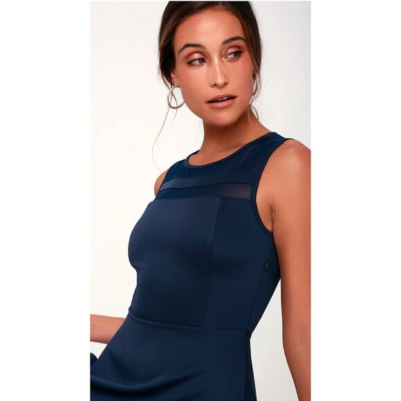 Lulu’s Navy Final Stretch Fit and Flare Sheer Mesh Panel Dress, M - Picture 2 of 9